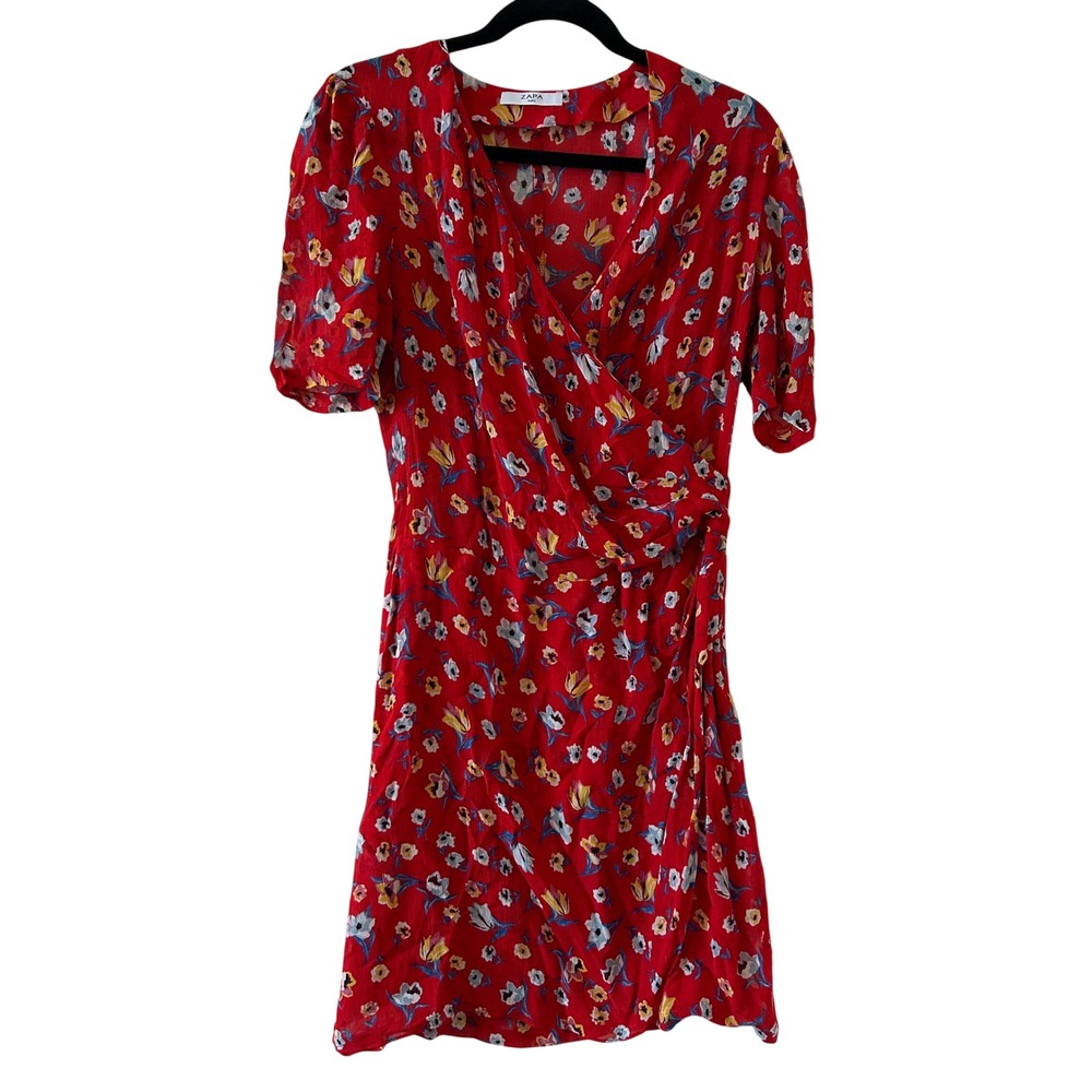 Zapa Paris Red Floral Silk Blend Wrap Mini Dress Size 38 - Picture 3 of 14